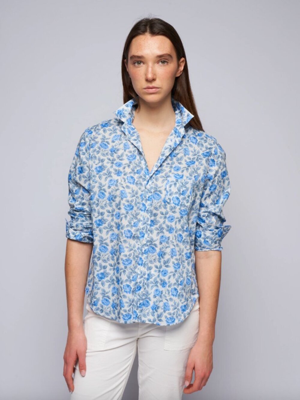 Frank & Eileen Relaxed Fit Cotton Woven Button-Up Shirt Large Blue Roses, Small